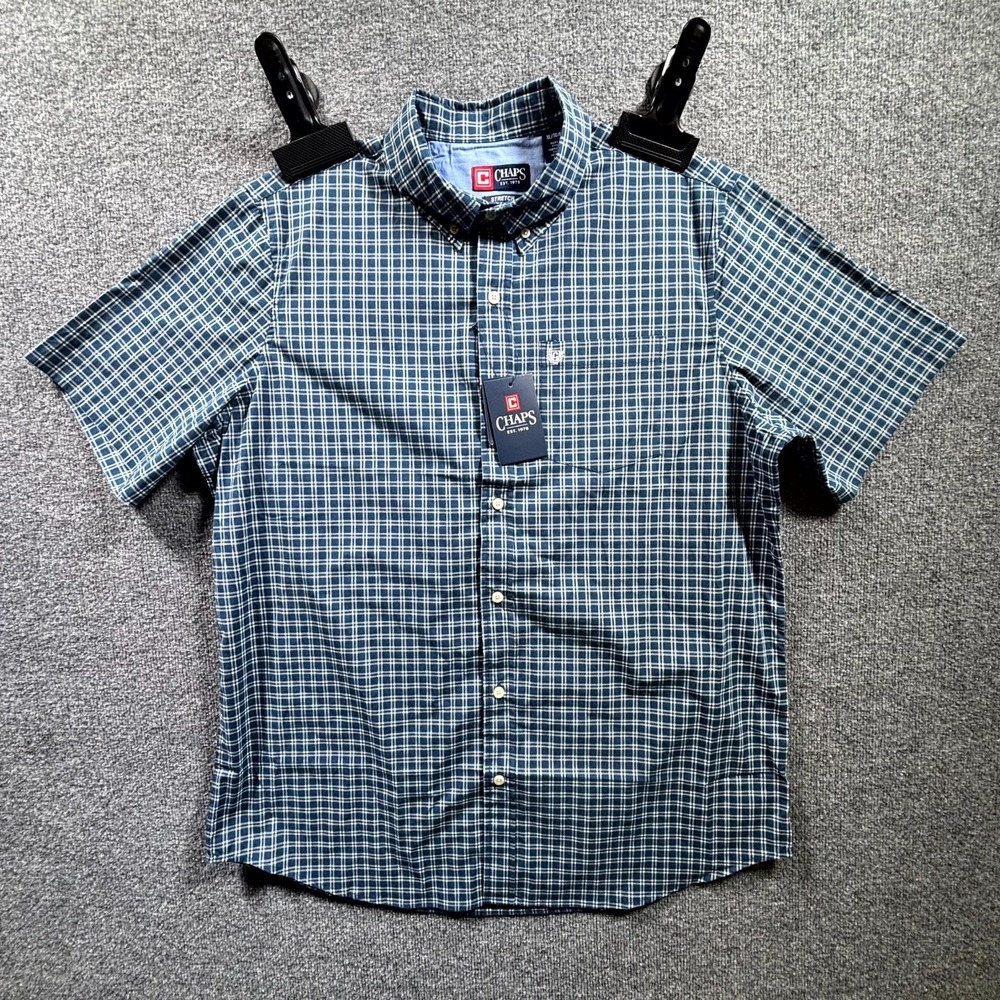 Chaps Shirt Mens XL Blue Plaid Classic Fit Stretch Button Front Short Sleeve NWT